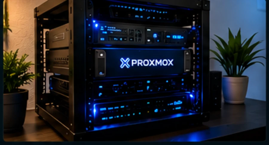 Blue-lit rack-style virtualization hardware