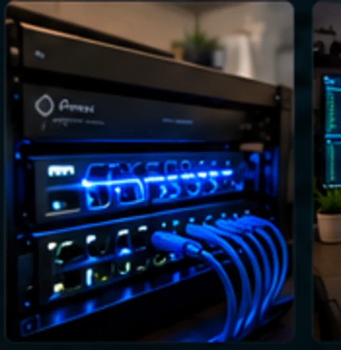 Blue-lit network switch and structured cabling
