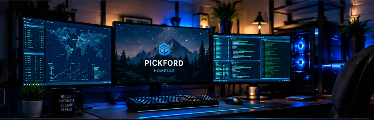 Blue-lit multi-monitor homelab workstation with infrastructure dashboards and code